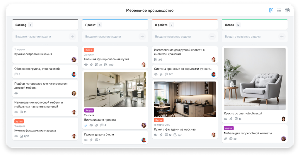 Пример канбан с задачами для производства мебели на заказ